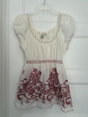 Studio M - Off White Empire Waist Top with Pink Floral Embroidery - Size XL